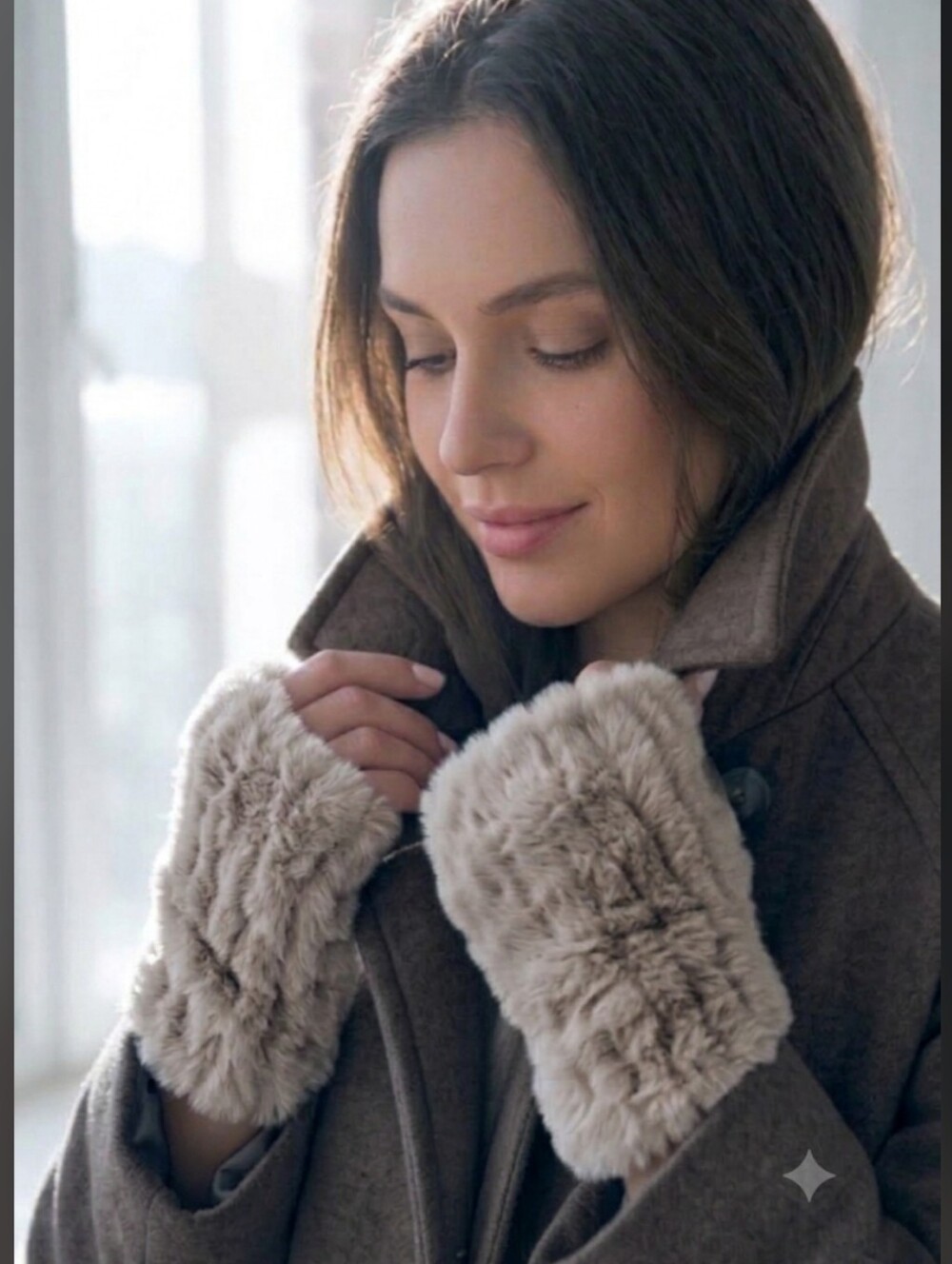 Real Rex Rabbit Fur Fingerless Gloves Arm Warmers – Cool Beige / Taupe